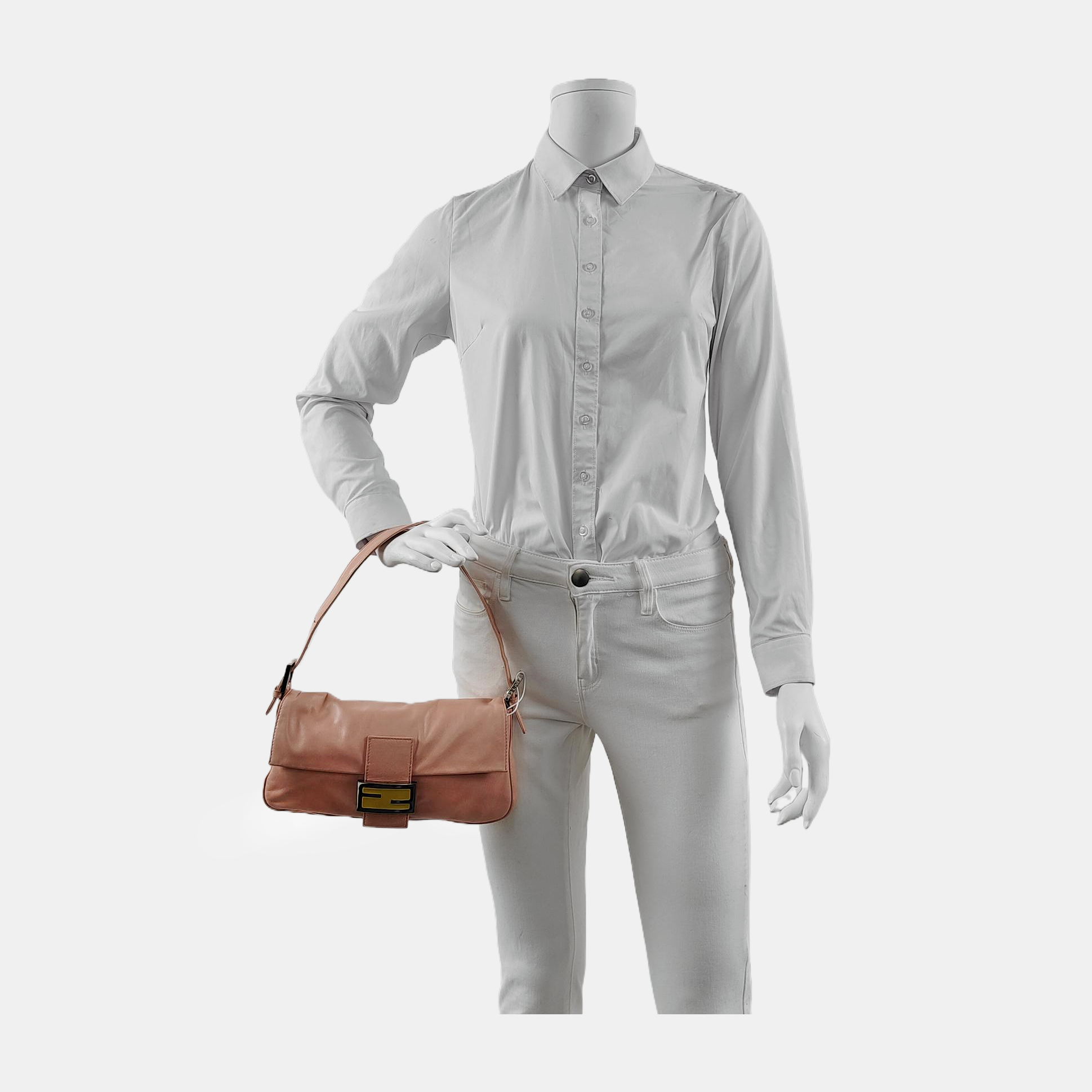 FENDI Baguette Pink Lambskin Leather Shoulder Bag Silver Hardware