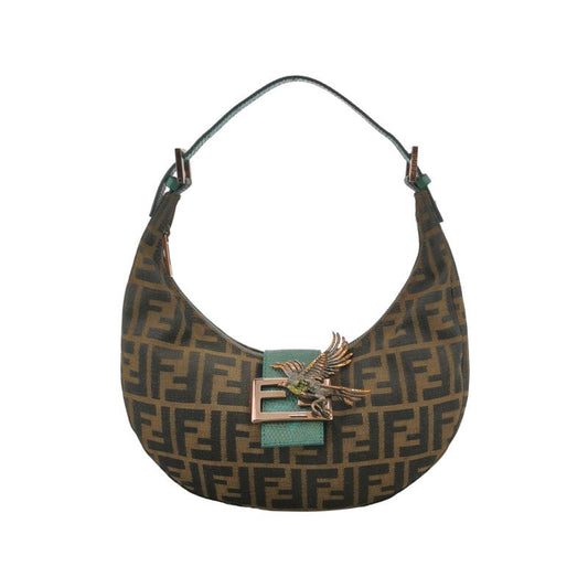 Fendi Croissant Shoulder Bag Medium Zucca Monogram Canvas Lizard-skin Strap Bird Brooch
