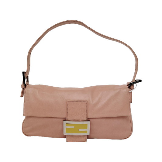 FENDI Baguette Pink Lambskin Leather Shoulder Bag Silver Hardware