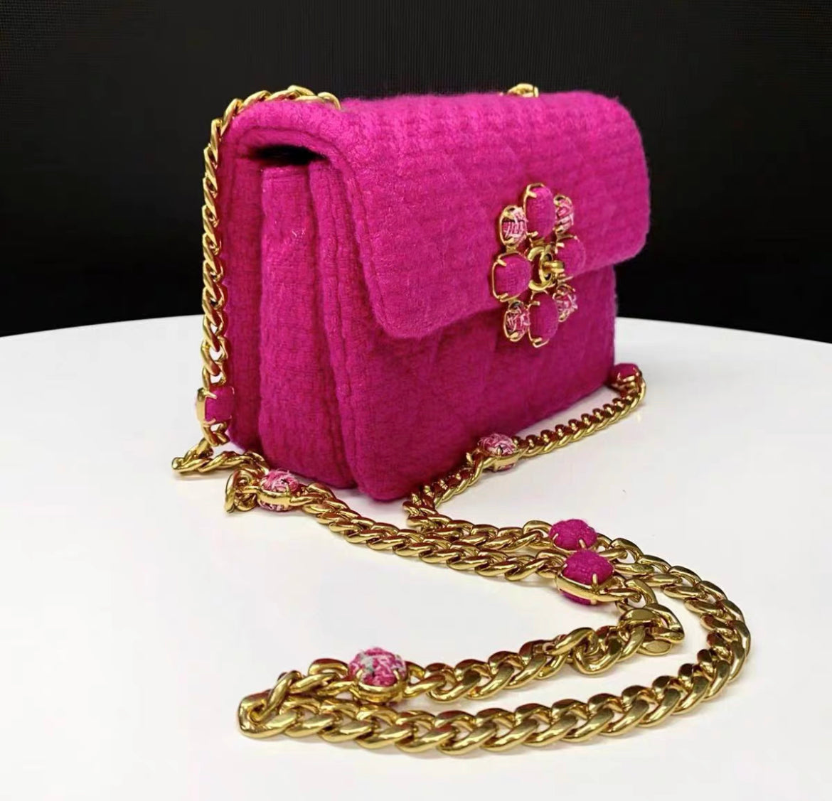 Chanel 22k pink tweed mini flap bag
