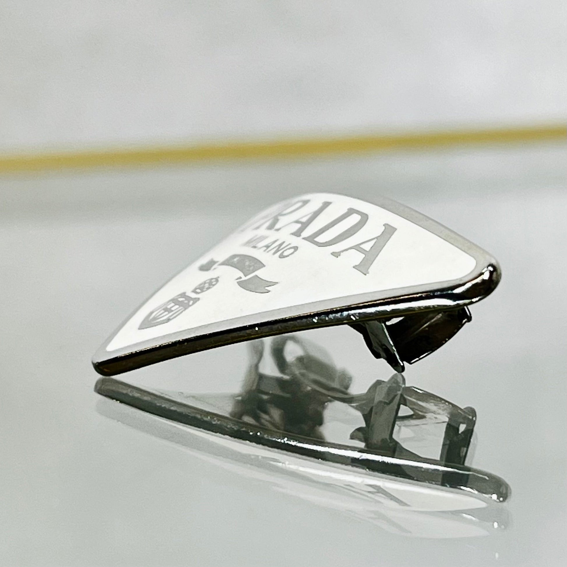 Prada White Silver Metal Enamel Triangle Logo Hair Clip Luxury Handbag