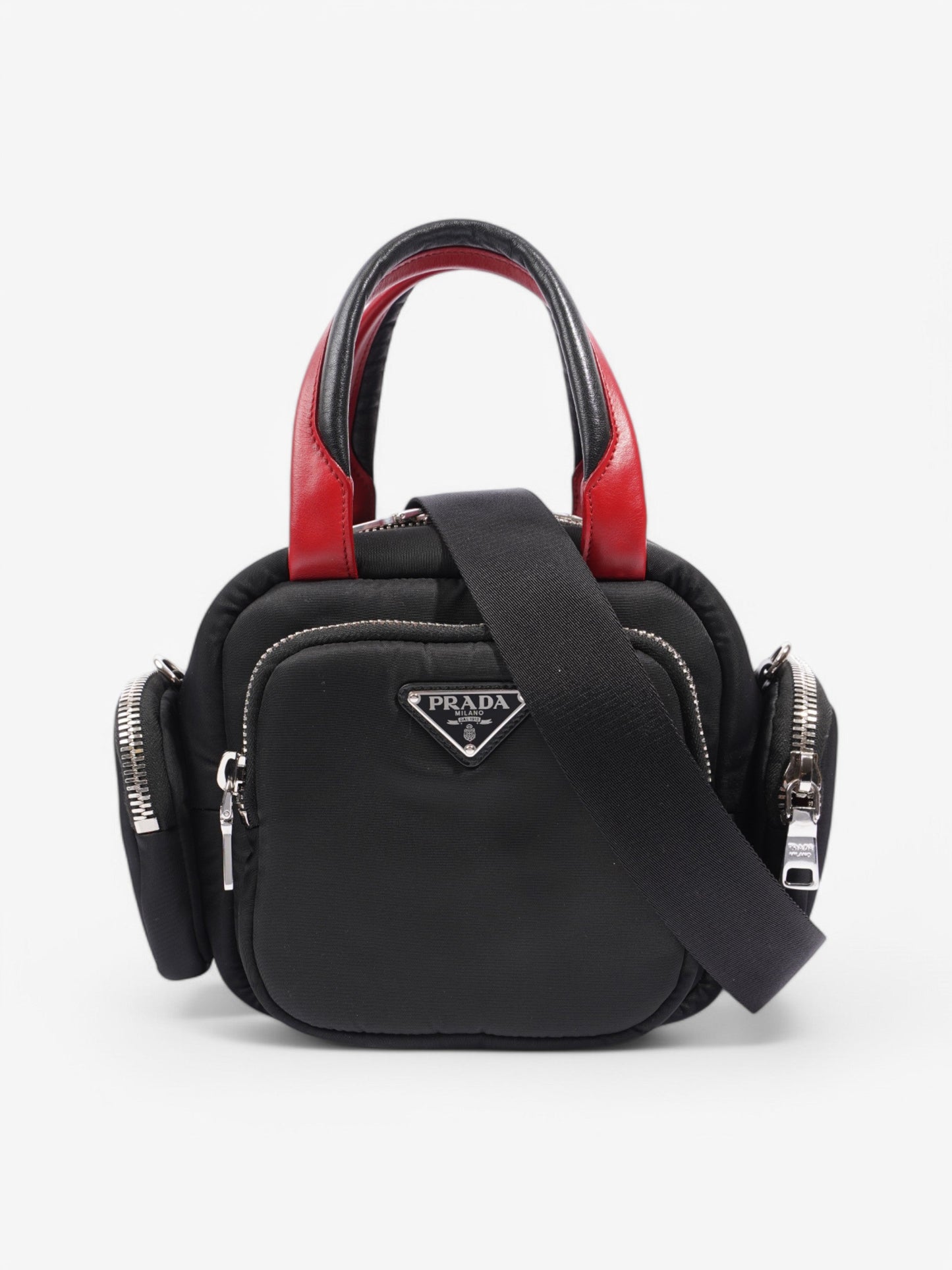 Prada Triangle Nylon Shoulder Bag Black / Red Nylon, Leather