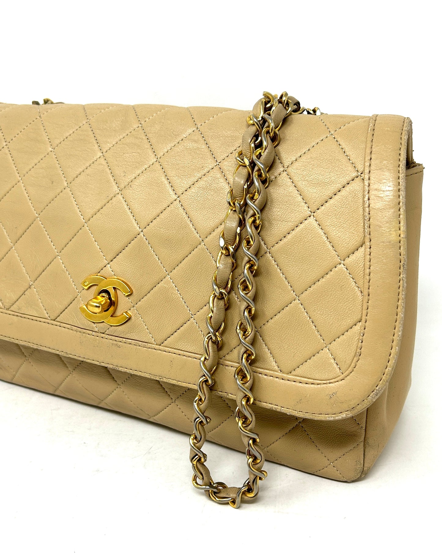 Chanel Beige Quilted Leather CC Logo Flap Shoulder Bag 24K Gold Plated - Preloved
