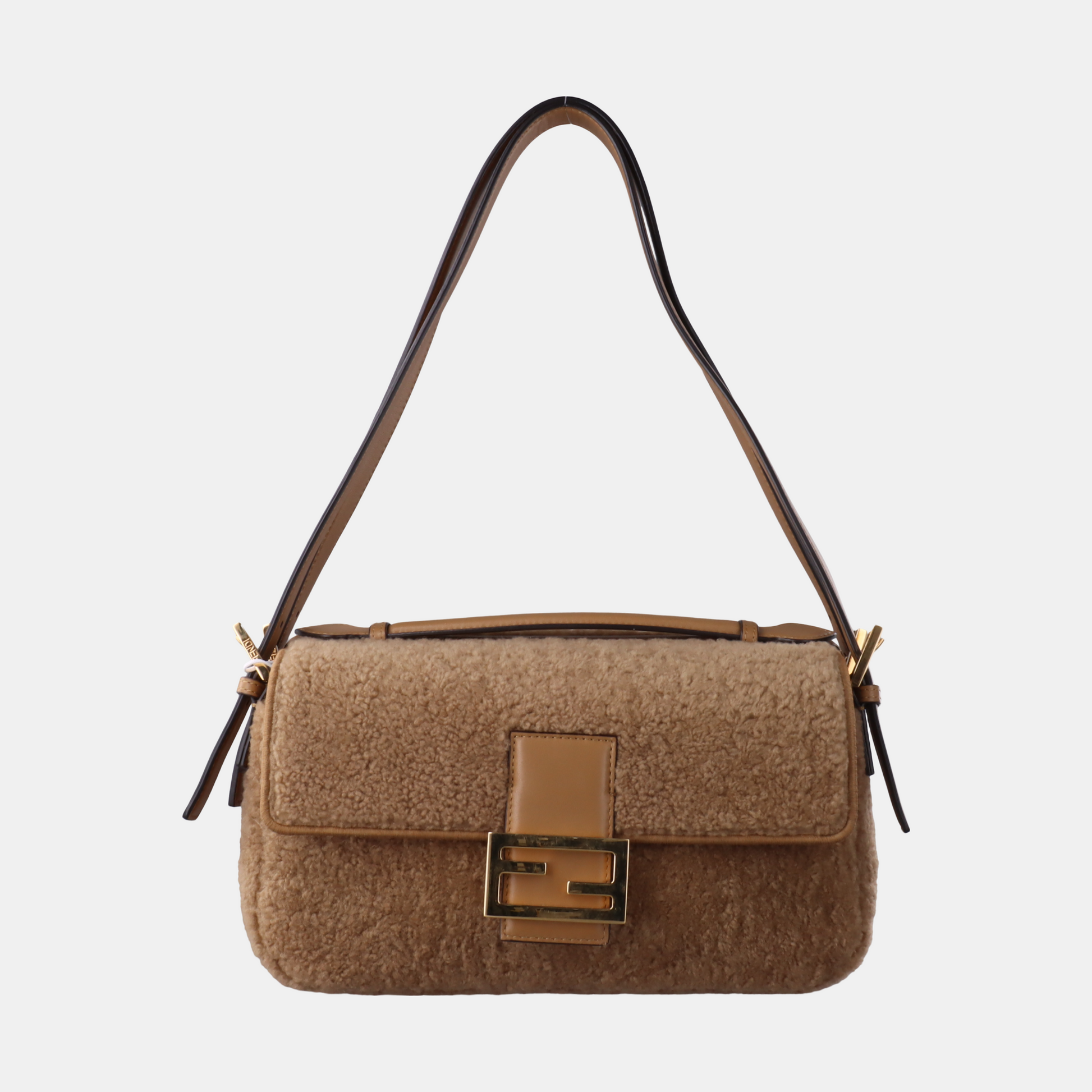 Fendi Baguette Medium Double Sided Shearling Light Beige Brown Shoulder Bag