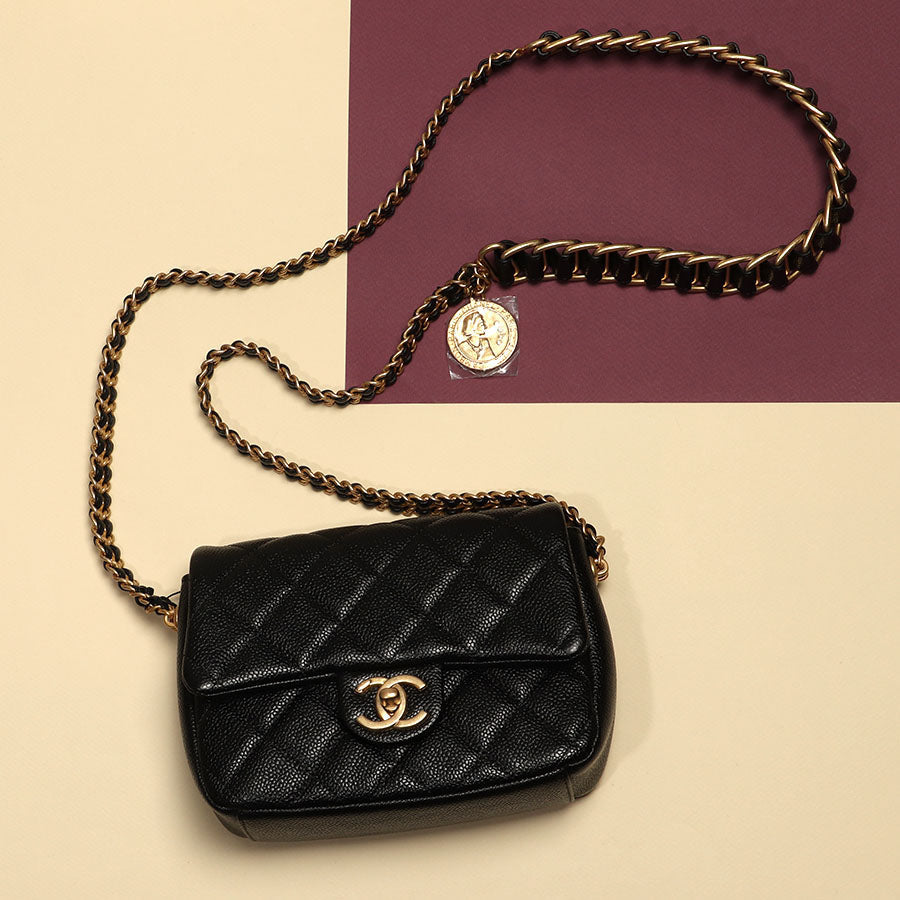 Chanel Mini Black Quilted Caviar MÃ©dallion Flap