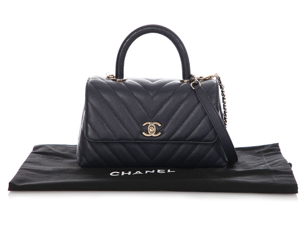Chanel Mini Navy Chevron-Quilted Caviar and Lizard Coco Handle