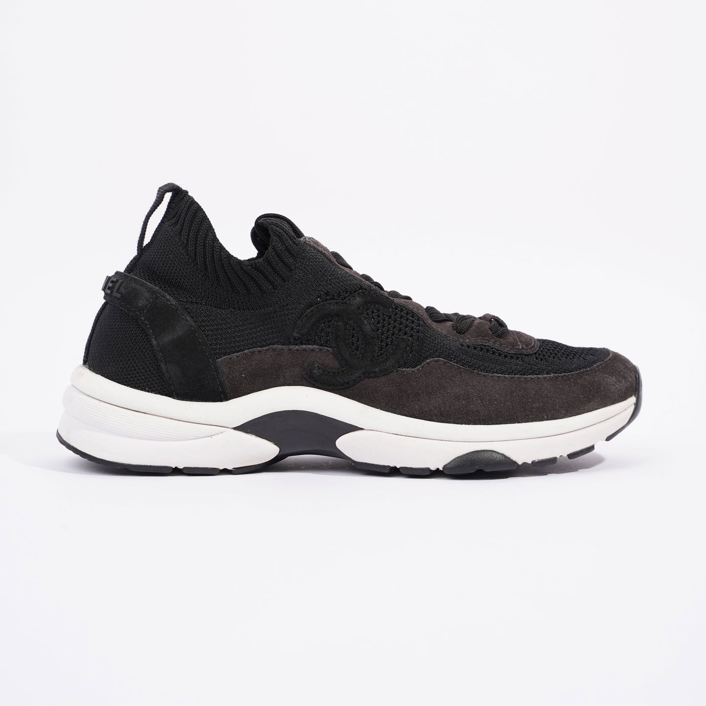 Chanel CC Logo Knit Sneaker Black White Suede EU 37.5 UK 4.5