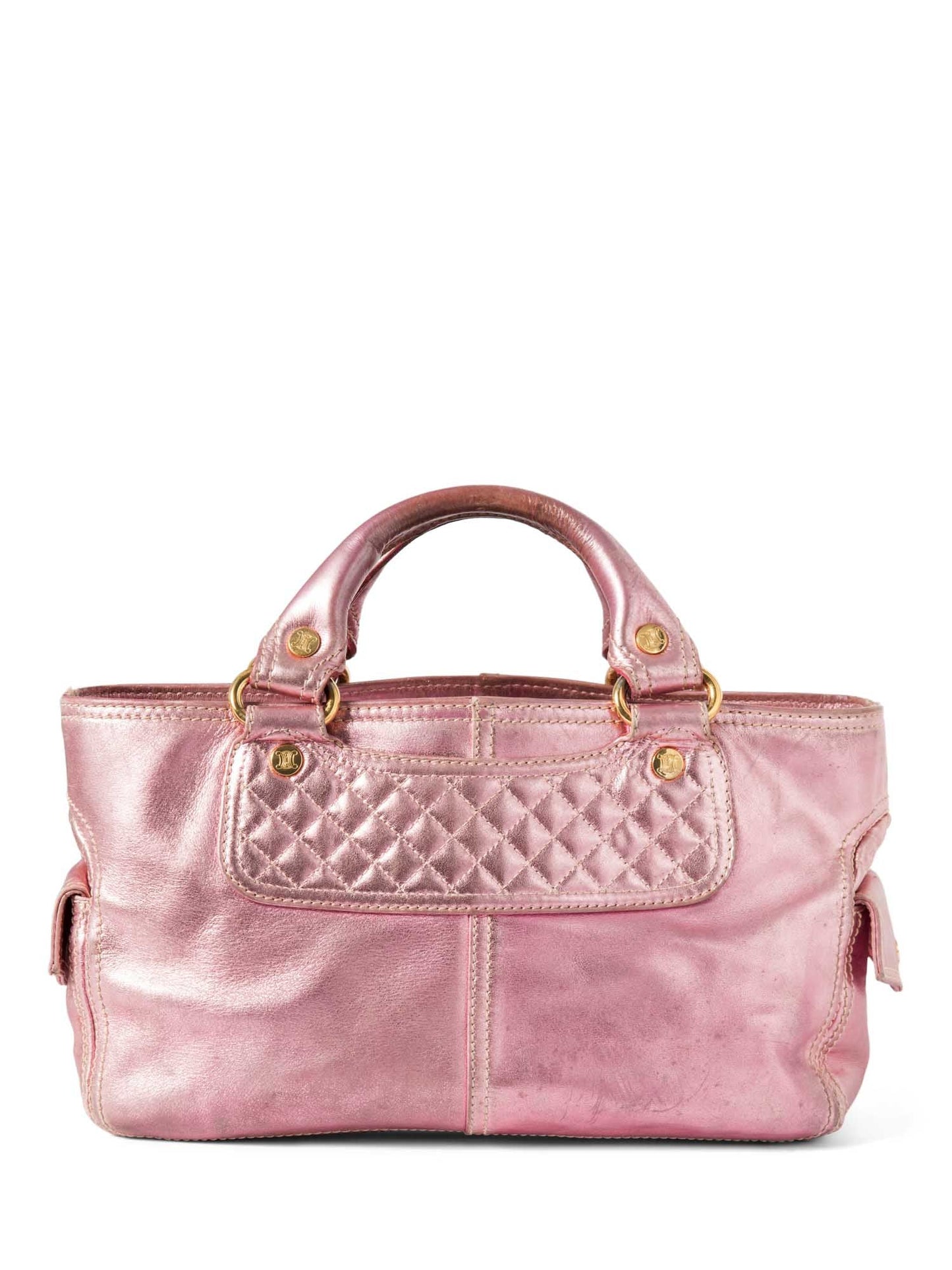 Luxury CELINE Logo Shimmer Leather Boogie Bag Pink Gold