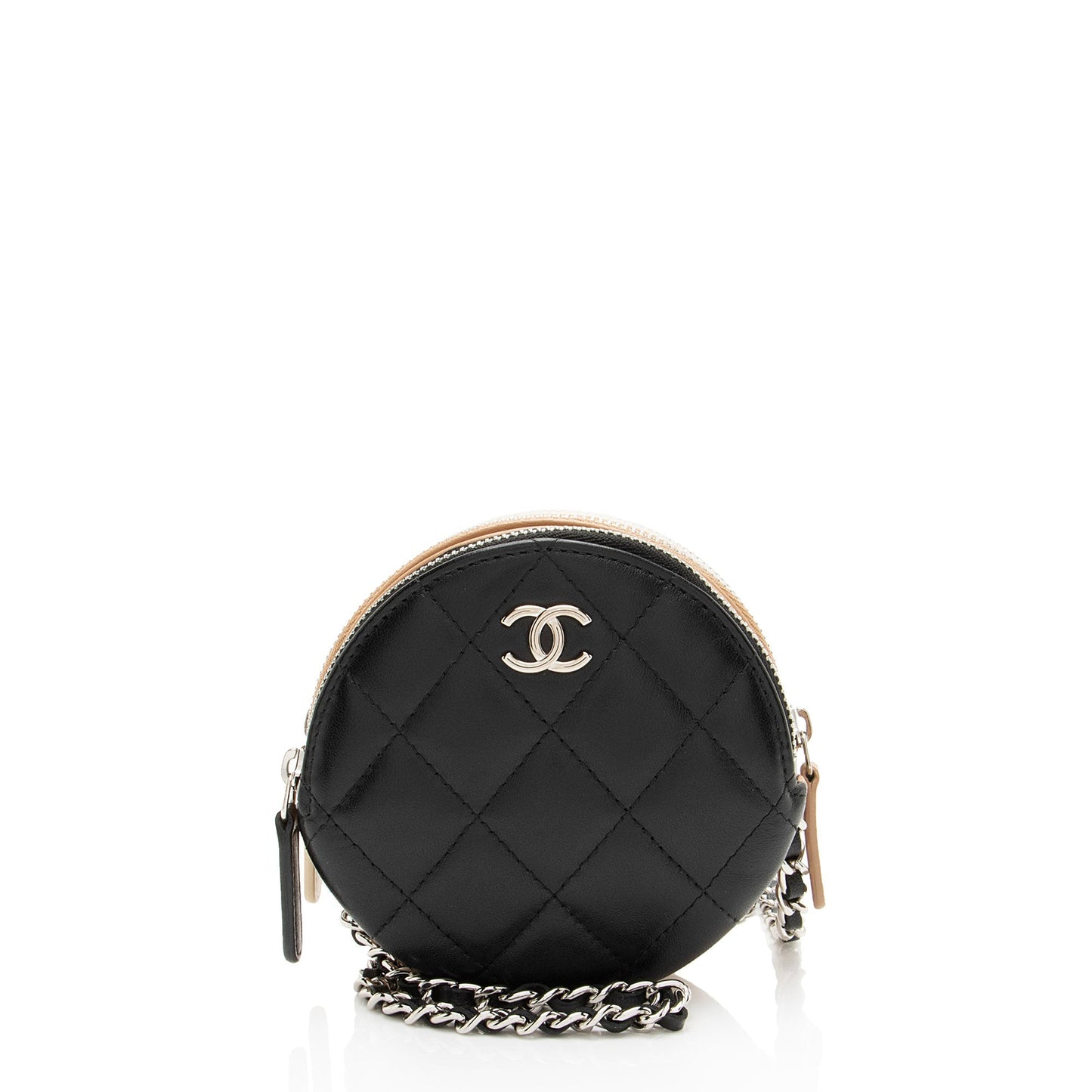 Chanel Lambskin Triple Zip Round Clutch with Chain