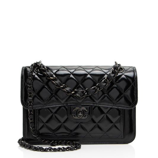 Chanel Shiny Crumpled Calfskin So Black Double You Flap Bag