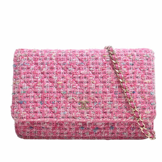 Chanel Tweed Quilted Wallet On Chain WOC Pink