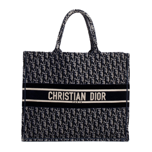 Christian Dior 2020 Ecru and Blue Dior Oblique Embroidery Large Book Tote