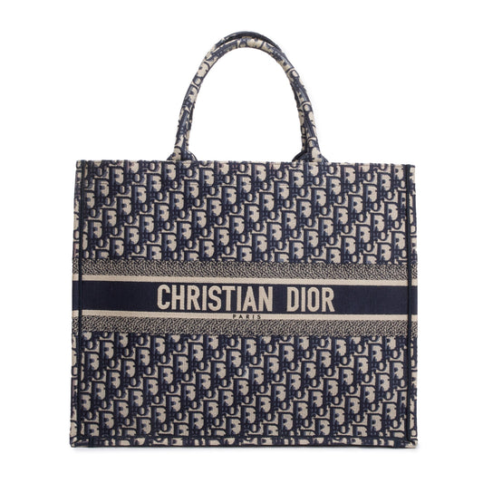Christian Dior 2020 Ecru and Blue Dior Oblique Embroidery Large Book Tote