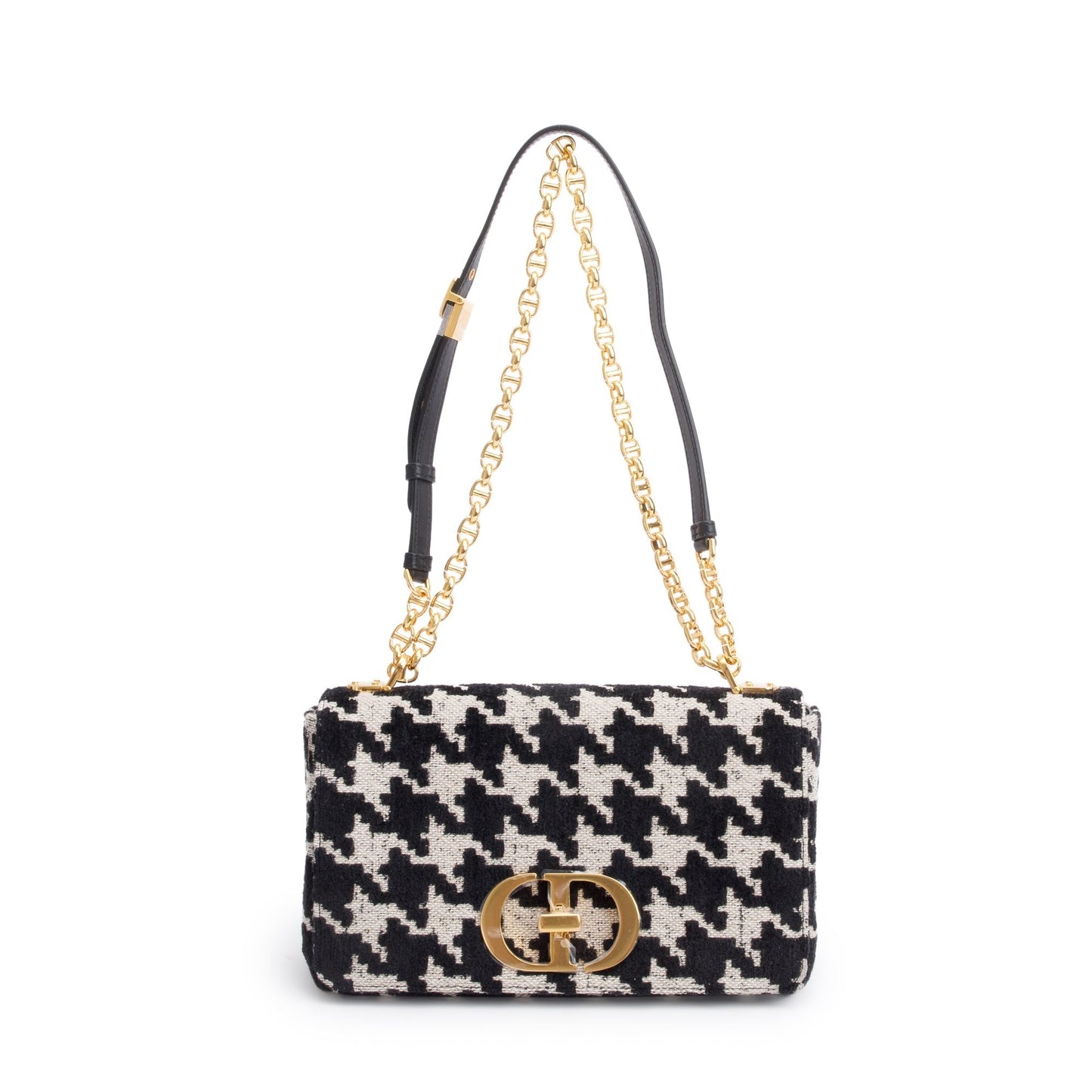 Christian Dior 2021 Black/White Technical Canvas Macro Houndstooth Medium Dior Caro Bag