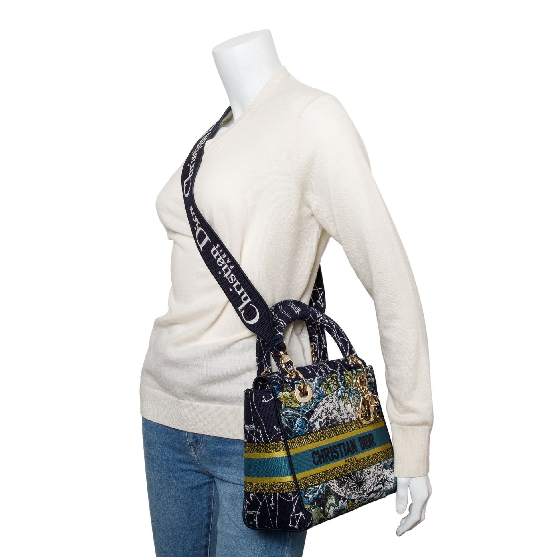 Christian Dior 2021 Blue Multicolor Zodiac Embroidery Medium Lady D-Lite Bag