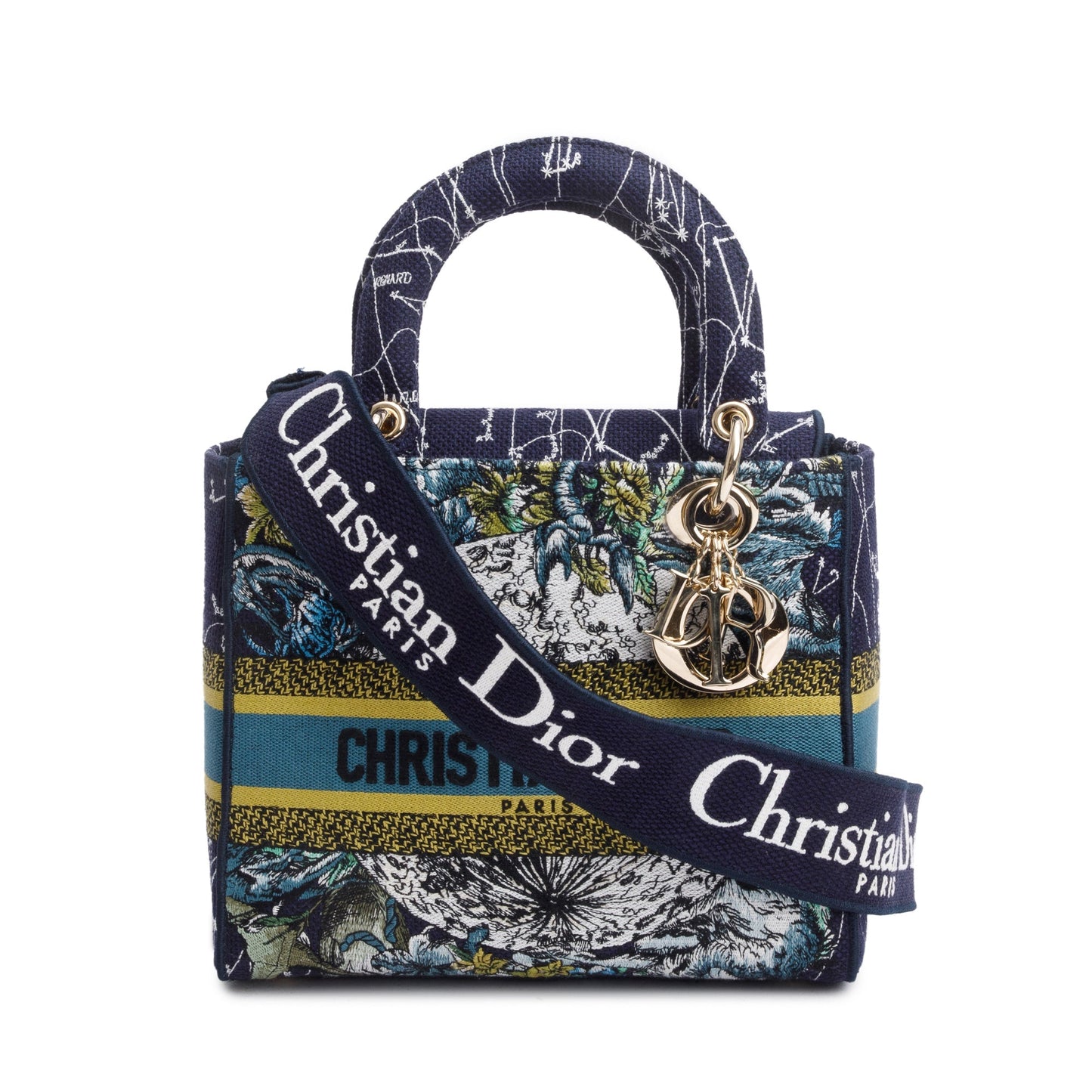 Christian Dior 2021 Blue Multicolor Zodiac Embroidery Medium Lady D-Lite Bag