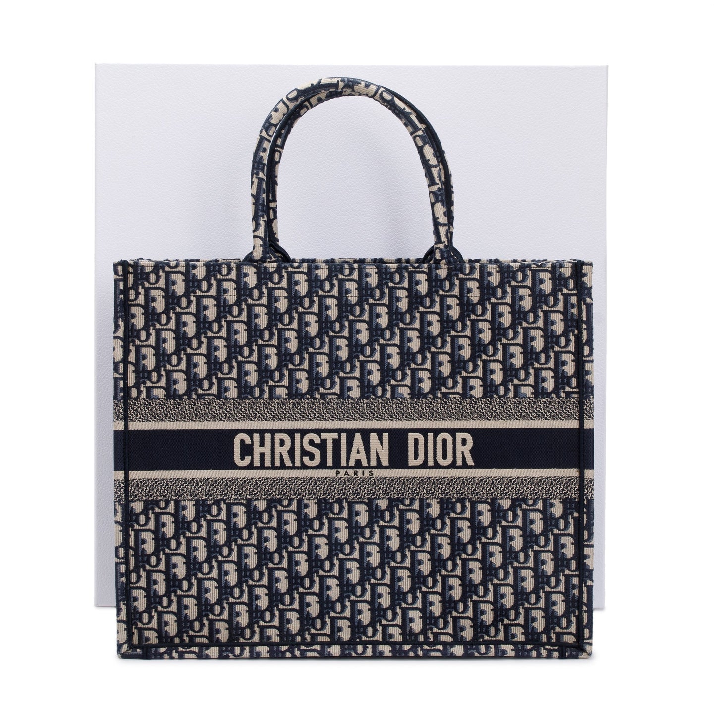 Christian Dior 2021 Ecru and Blue Dior Oblique Embroidery Large Book Tote