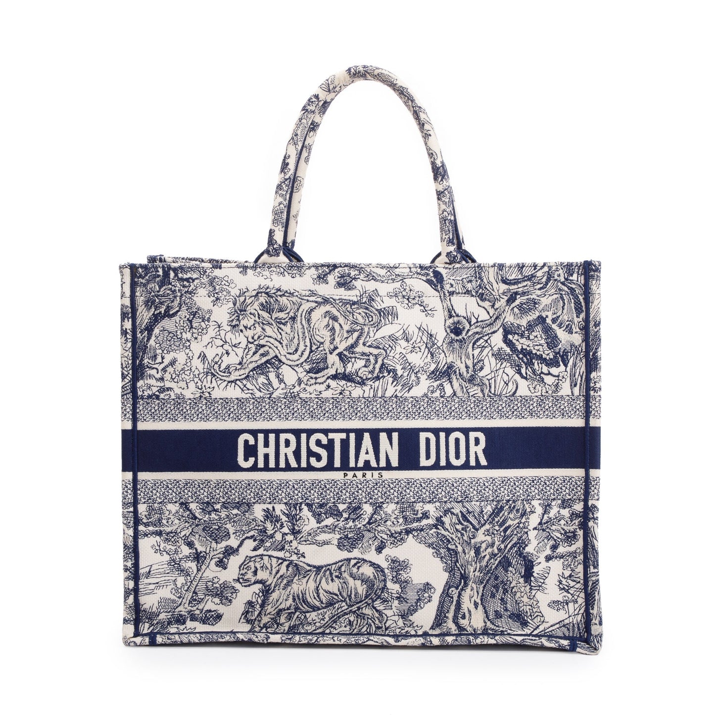 Christian Dior 2021 Large Ecru and Blue Toile de Jouy Embroidery Canvas Book Tote