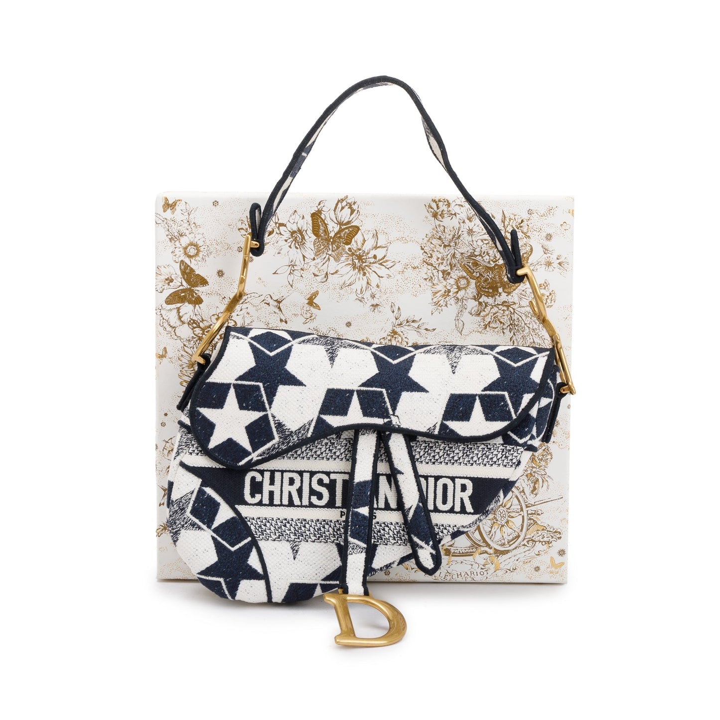 Christian Dior 2021 Navy & White Stars Embroidered Medium Saddle Bag
