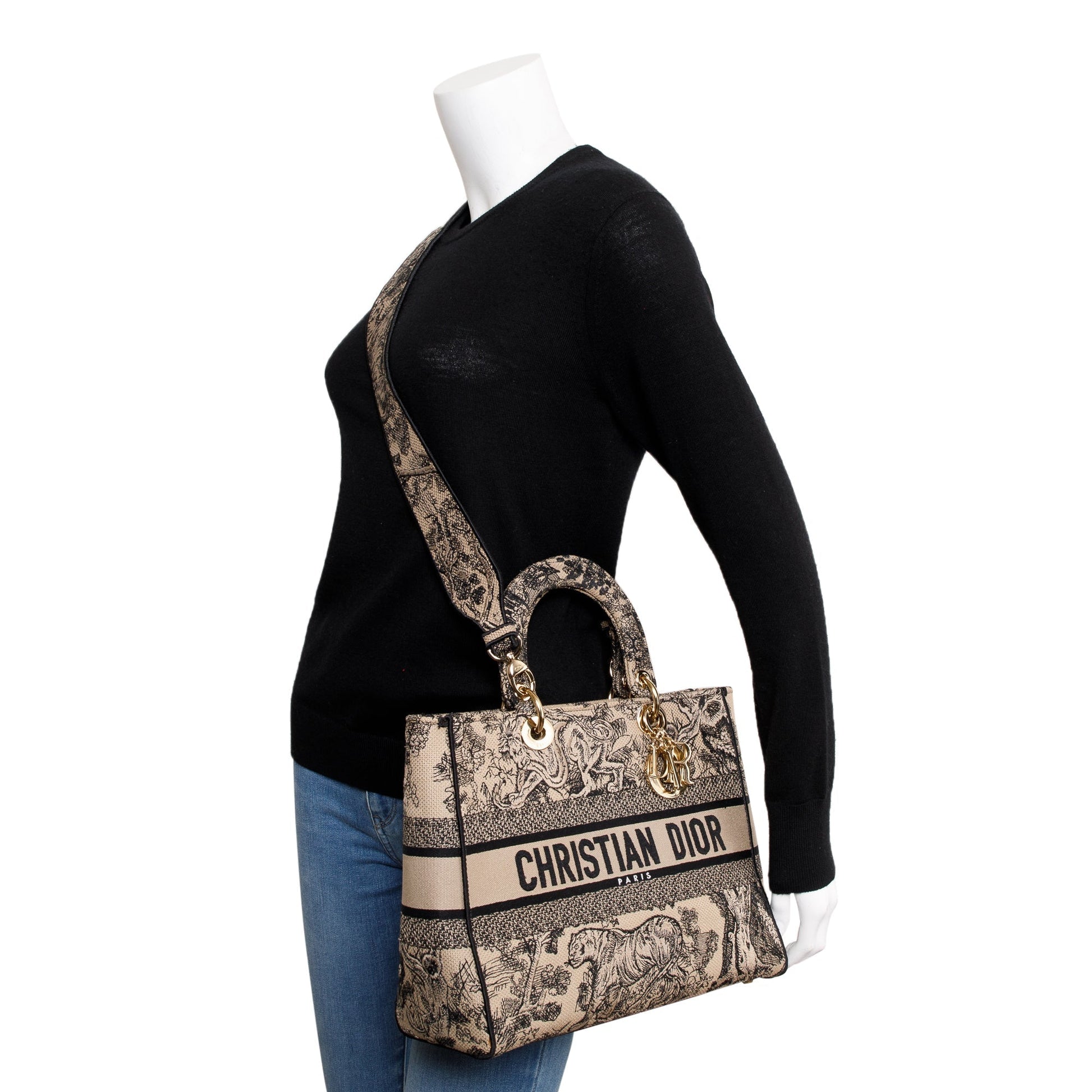 Christian Dior 2022 Beige & Black Toile De Jouy Soleil Embroidery Medium Lady D-Lite Bag