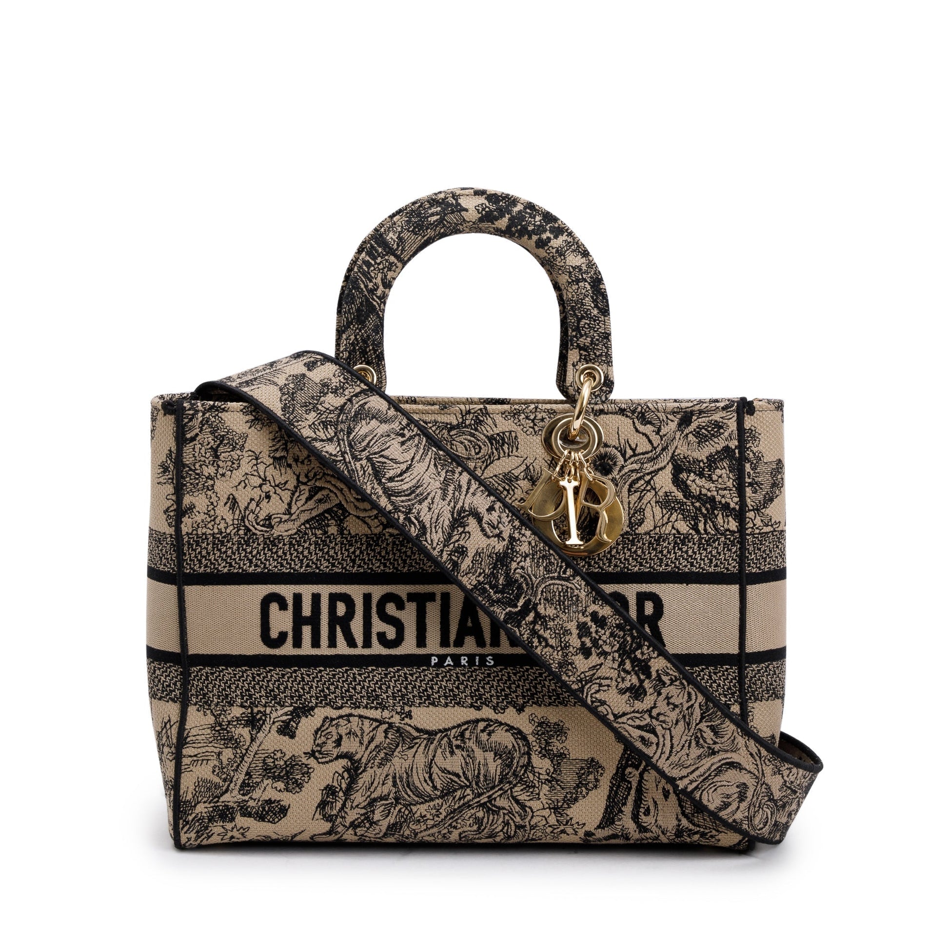 Christian Dior 2022 Beige & Black Toile De Jouy Soleil Embroidery Medium Lady D-Lite Bag