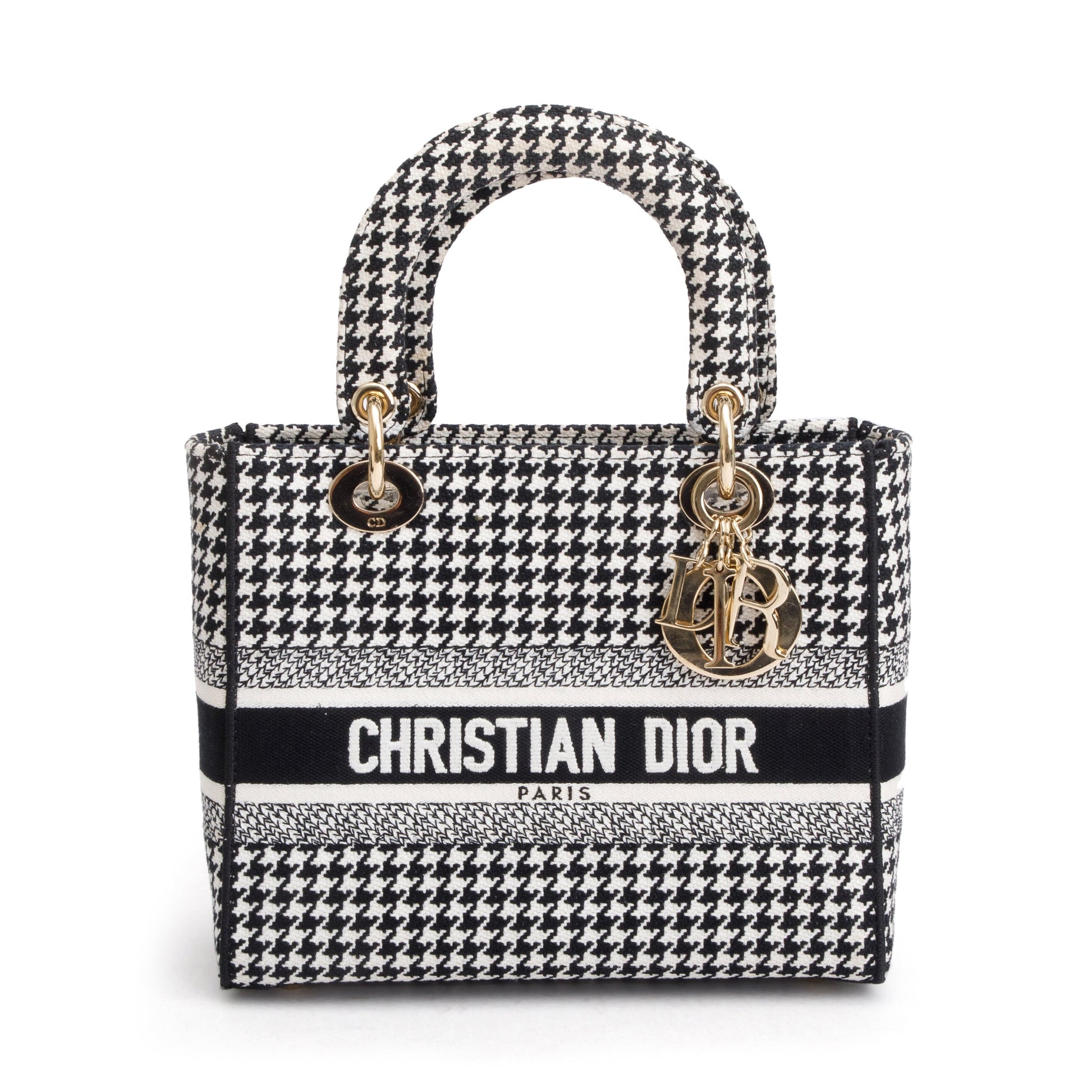 Christian Dior 2022 Black/White Houndstooth Embroidered Medium Lady D-Lite Bag