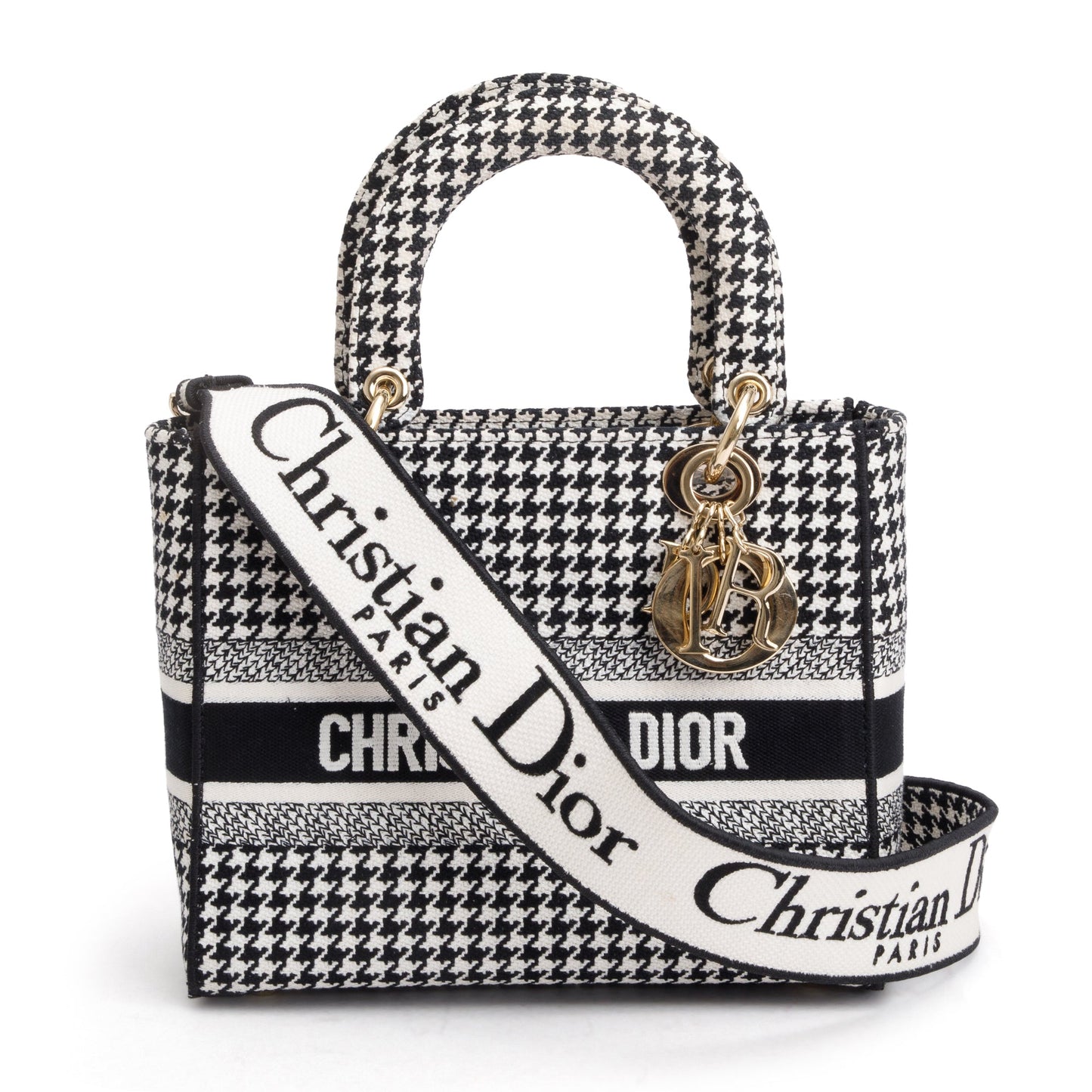 Christian Dior 2022 Black/White Houndstooth Embroidered Medium Lady D-Lite Bag