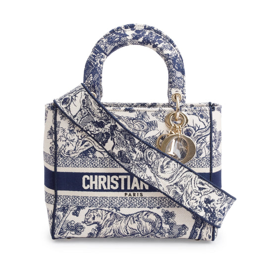 Christian Dior 2022 Blue Toile De Jouy Reverse Embroidery Medium Lady D-Lite Bag