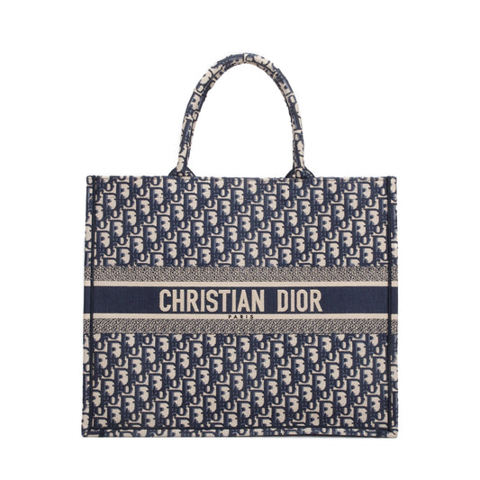 Christian Dior 2022 Ecru and Blue Dior Oblique Embroidery Large Book Tote