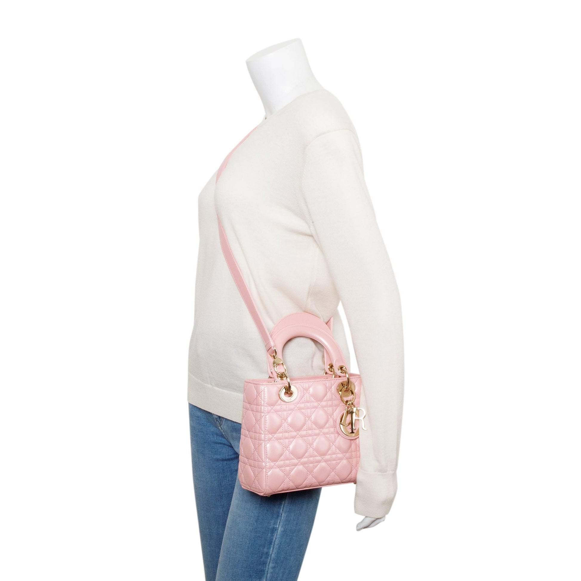 Christian Dior 2023 Pink Metallic Cannage Lambskin Leather Small Lady Dior Bag