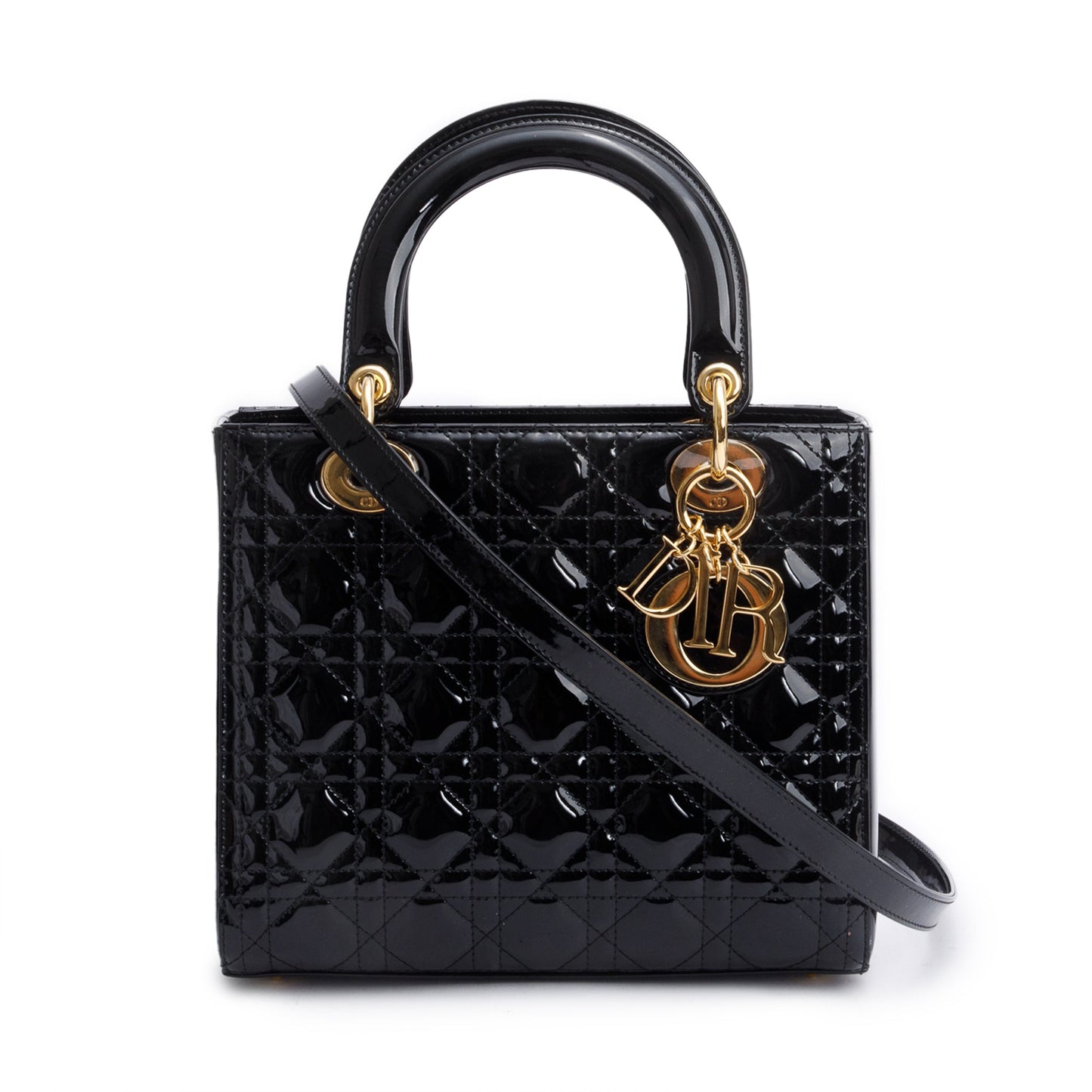 Christian Dior Black Cannage Patent Leather Medium Lady Dior Bag