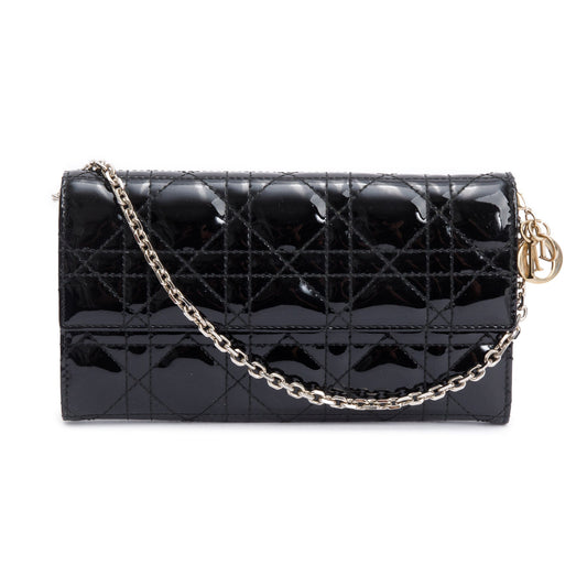 Christian Dior Black Cannage Patent Leather Rendezvous Wallet on Chain