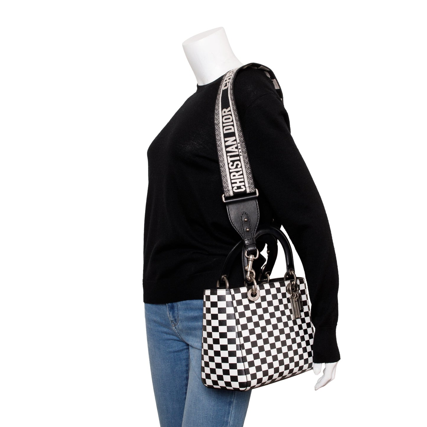 Christian Dior Black & White Check Print Leather Medium Lady Dior Bag