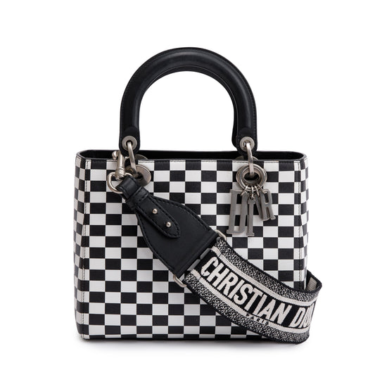 Christian Dior Black & White Check Print Leather Medium Lady Dior Bag
