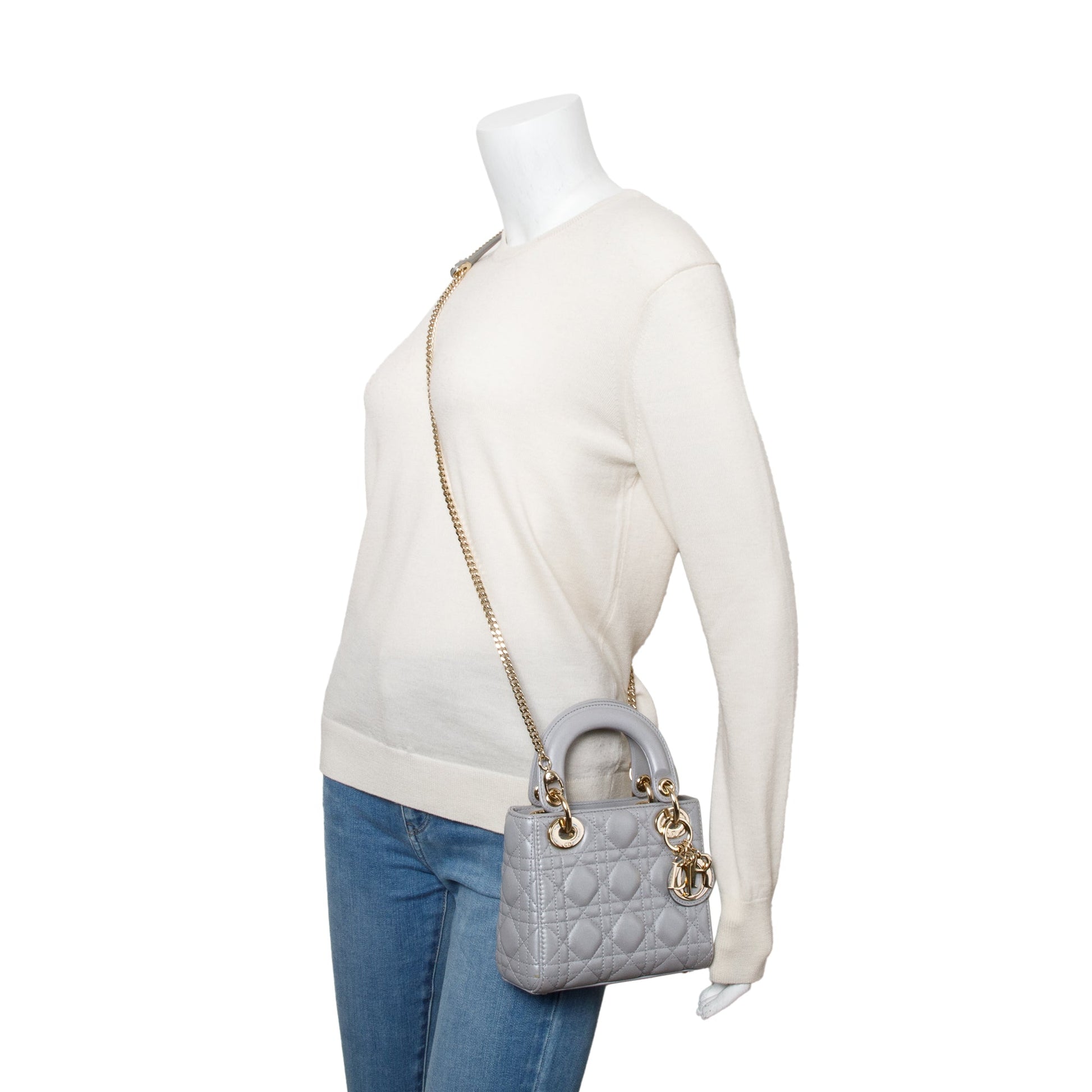 Christian Dior Grey Cannage Leather Mini Lady Dior Bag