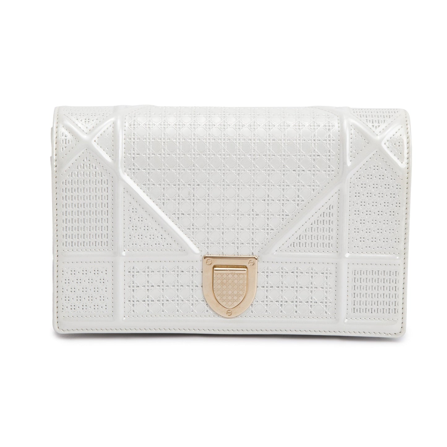 Christian Dior Metallic White Microcannage Patent Leather Diorama Wallet on Chain