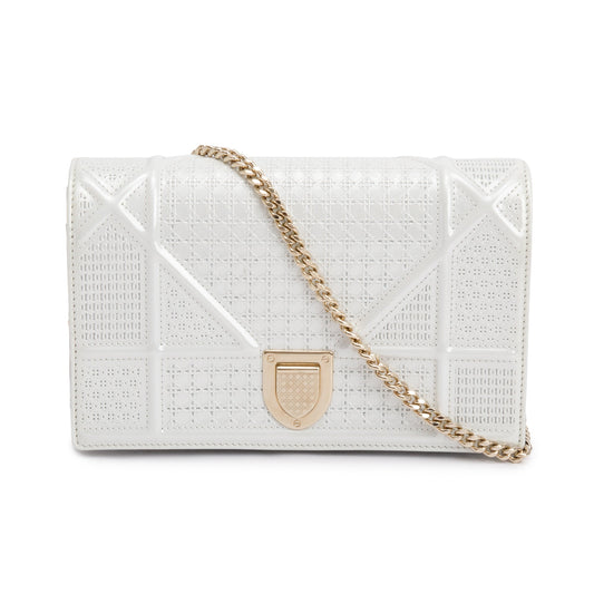 Christian Dior Metallic White Microcannage Patent Leather Diorama Wallet on Chain