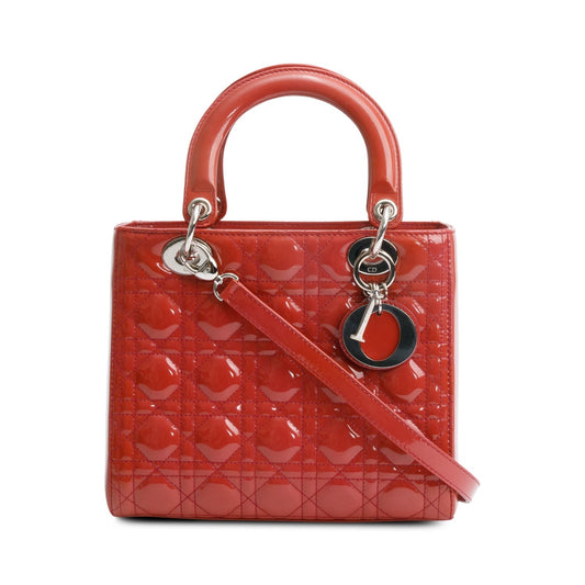 Christian Dior Red Cannage Patent Leather Small Lady Dior Bag
