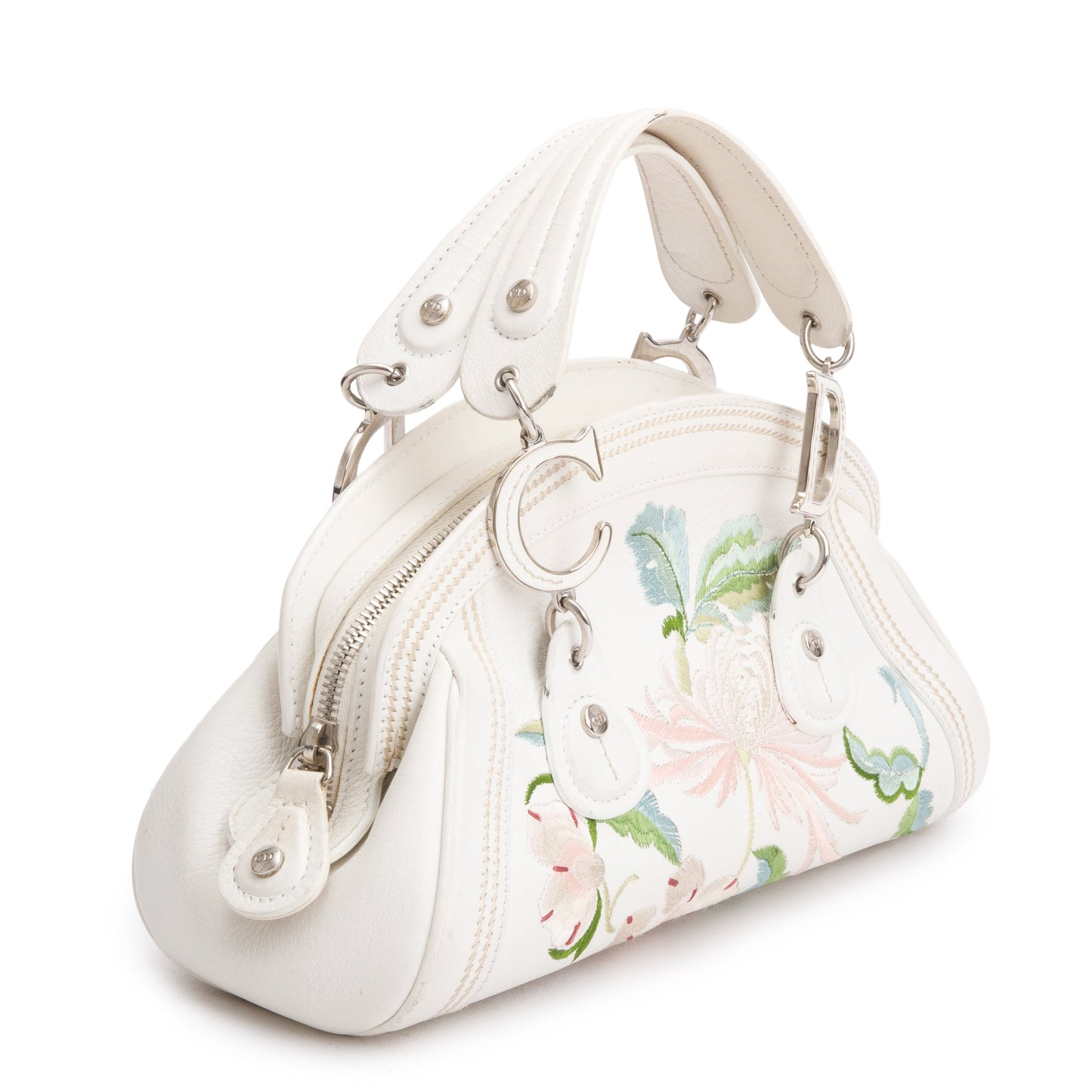 Christian Dior White Embroidered Calfskin Leather Small Detective Bag