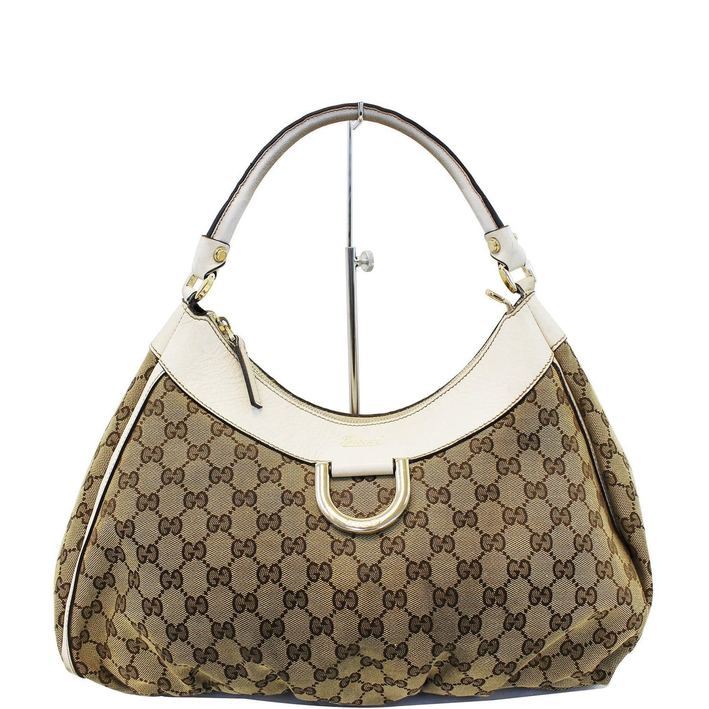 GUCCI Beige/White GG Canvas D Ring Hobo Bag -