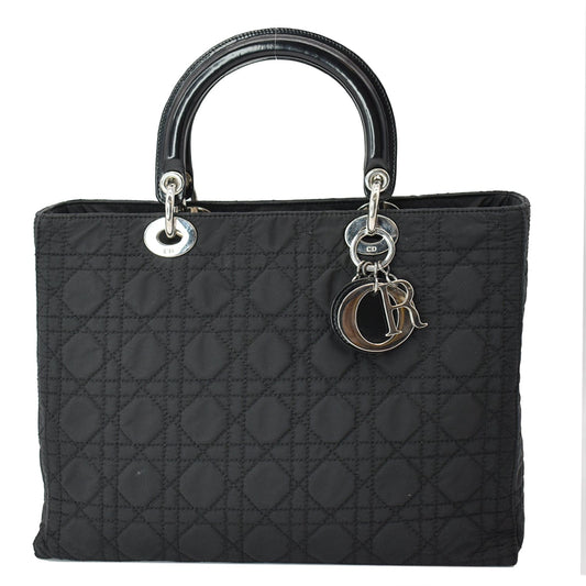 CHRISTIAN DIOR Lady Dior Nylon Cannage Canvas Tote Bag Black
