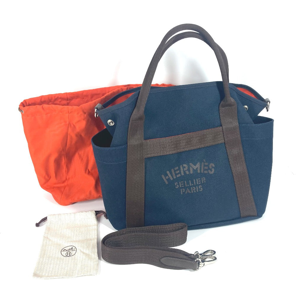 HERMES Tote Bag Leather / canvas Navy With bag-in-bag Sucked Pansage Groom