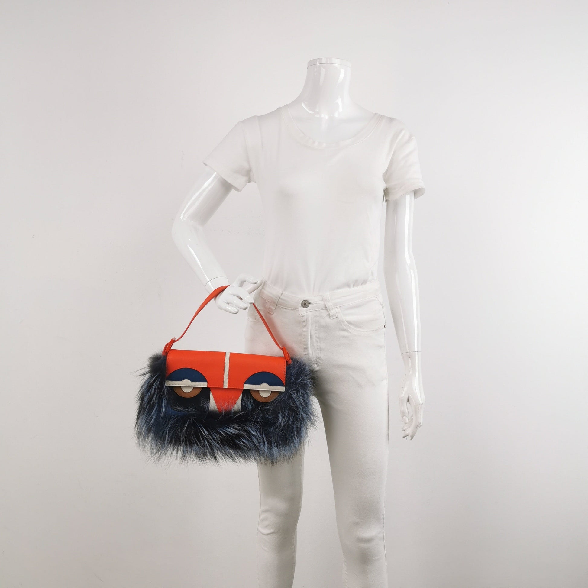 Fendi Baguette Bag Bugs Multicolor Monster Blue Faux Fur Shoulder Bag