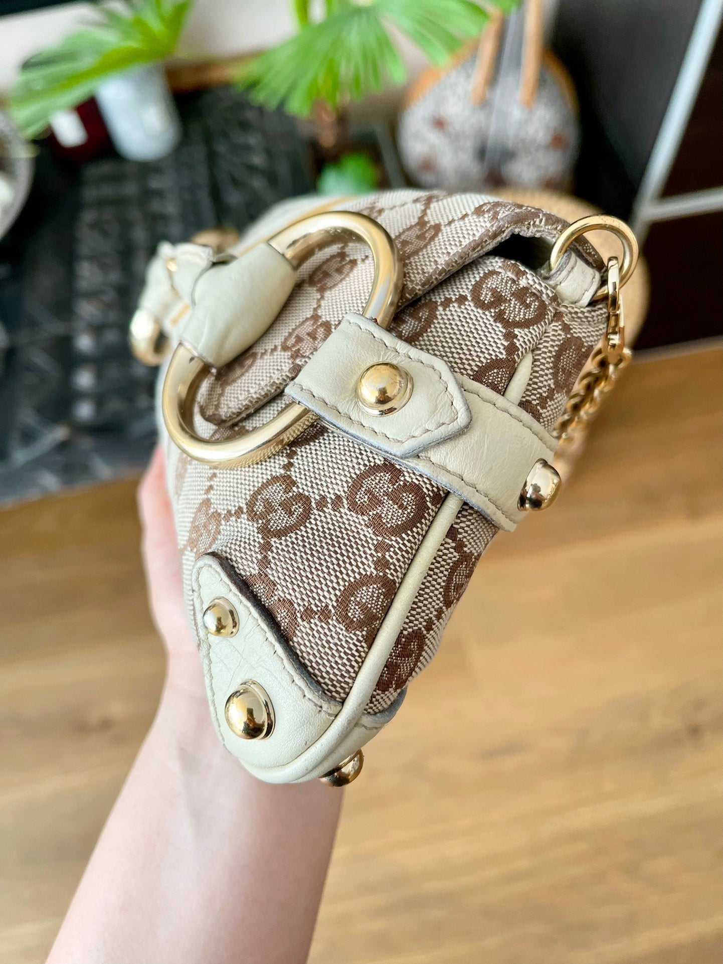 Gucci Horsebit 1955 Small Cloth Beige Monogram Yellow Web Shoulder bag