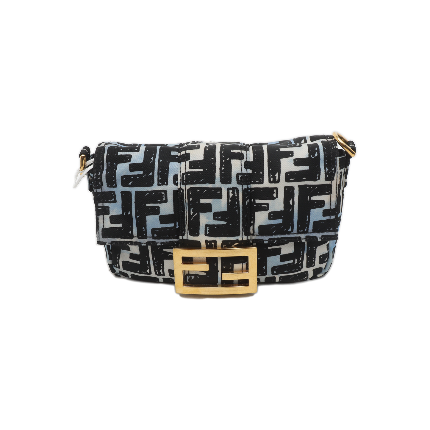 Fendi Baguette Mini Blue Black Zucca Nylon Gold Hardware Two-way Carry Bag