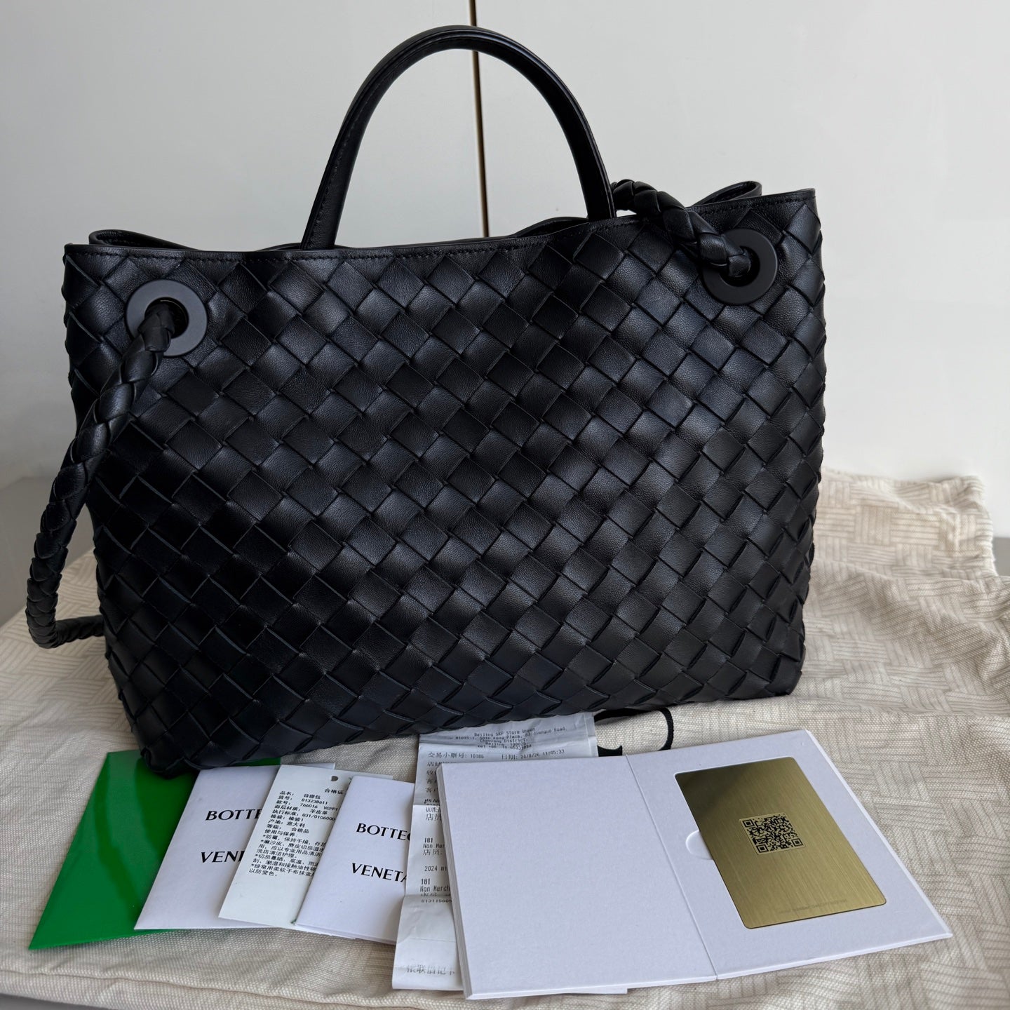 Bottega Veneta Andiamo Medium Black Intrecciato Leather Handbag