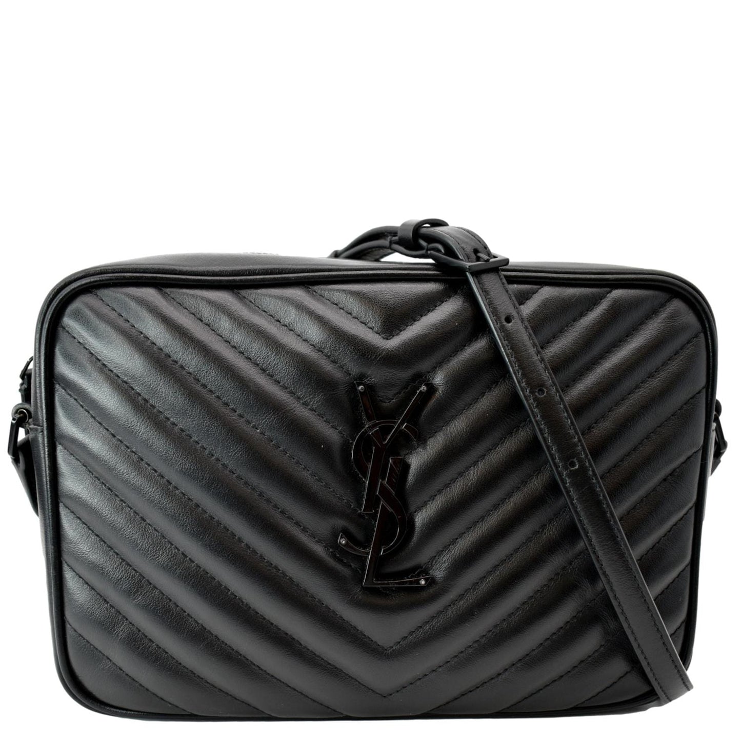 SAINT LAURENT Lou Chevron Leather Camera Crossbody Bag Black