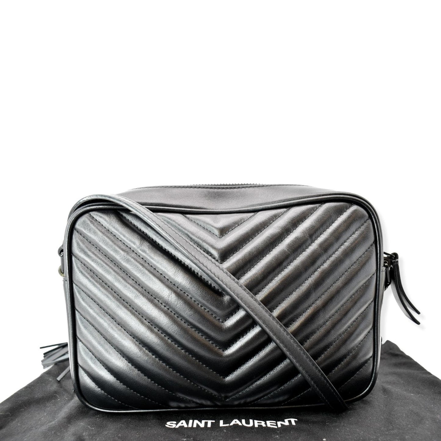 SAINT LAURENT Lou Chevron Leather Camera Crossbody Bag Black