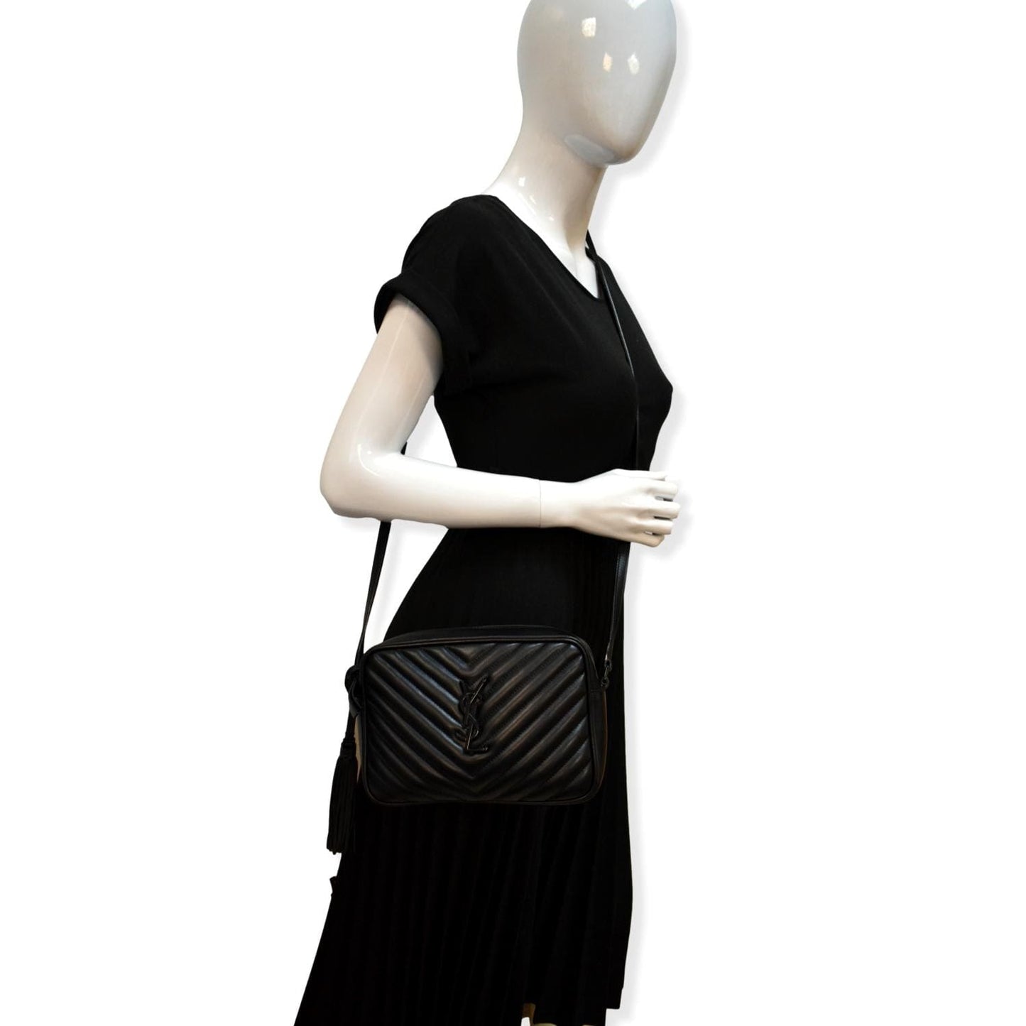 SAINT LAURENT Lou Chevron Leather Camera Crossbody Bag Black