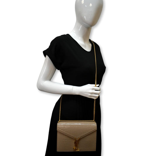 SAINT LAURENT Cassandra Top Handle Embossed Shoulder Bag Beige